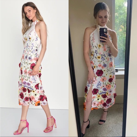 Ivory 3D Colorful Floral Embroidered Halter Midi Dress πΏ - Picture 6 of 13